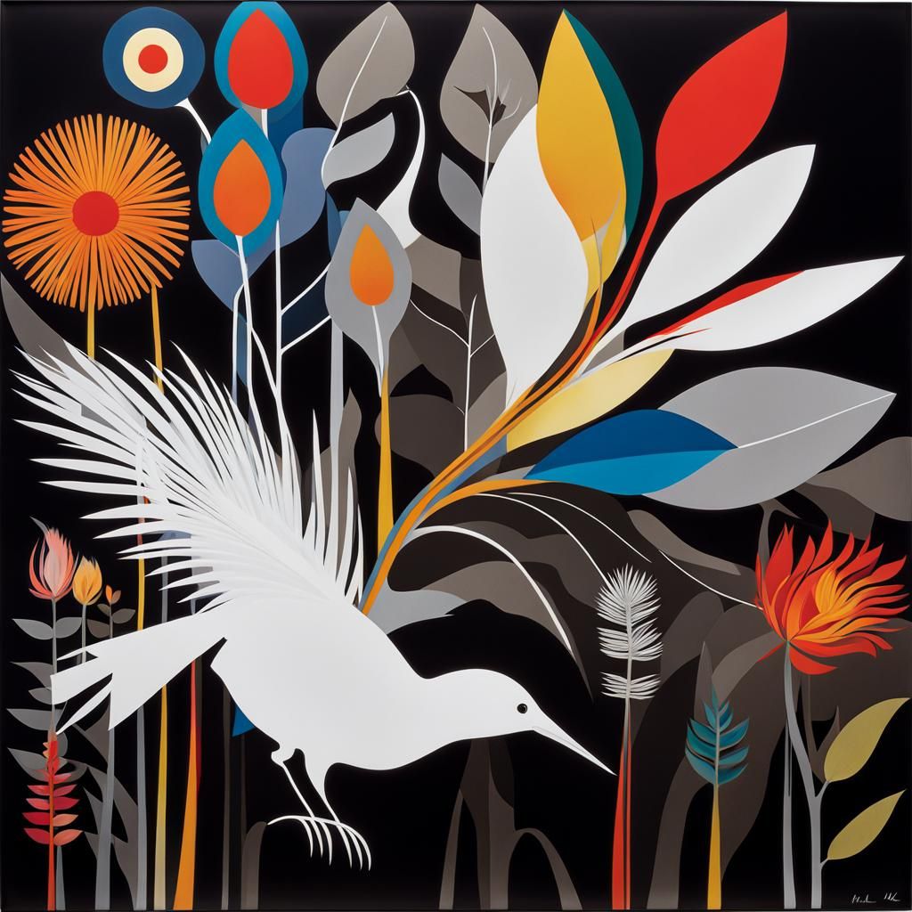 Surreal Photogram of White Bird in Floral Fantasy