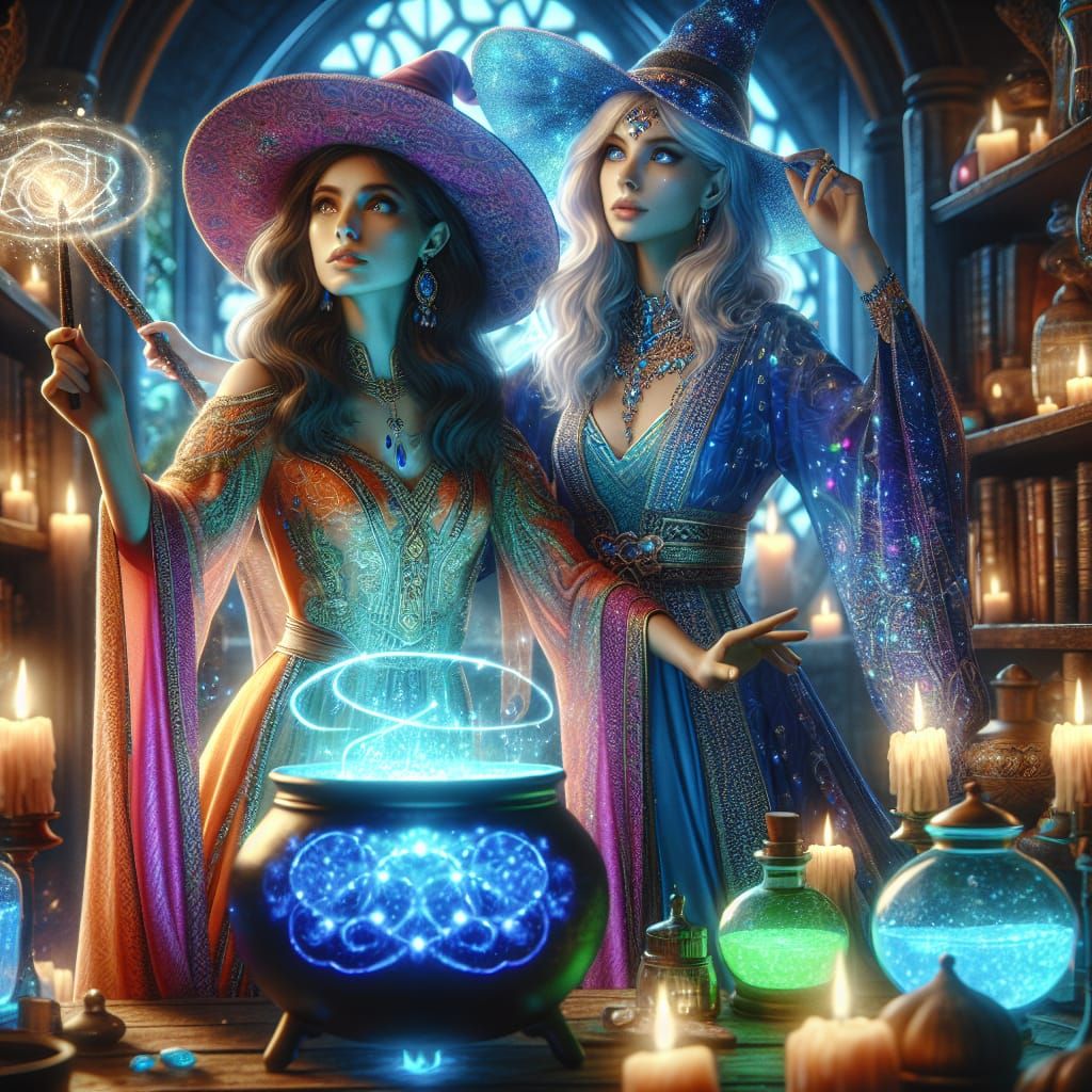 Enchantress and Apprentice Casting Spell in Hyperrealism
