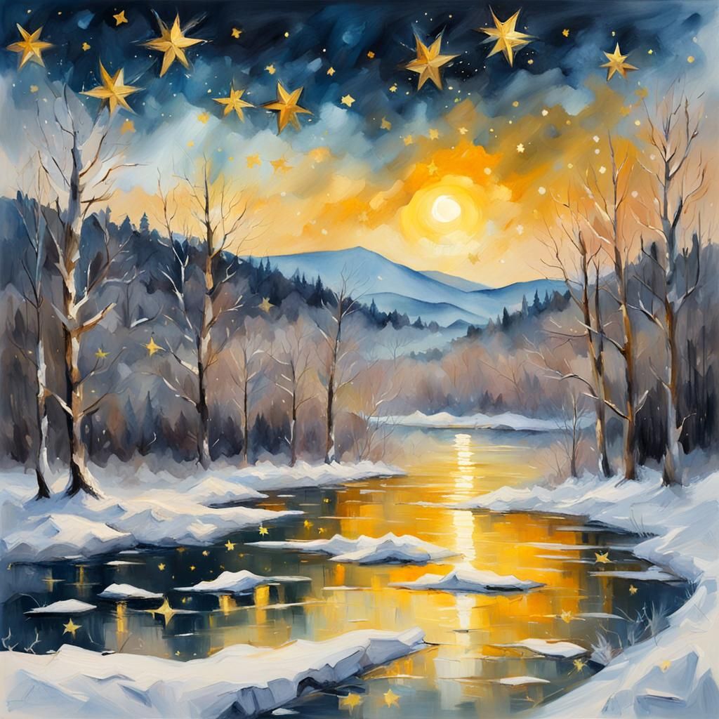 Winter Landscape with Golden Stars in Gouache Style