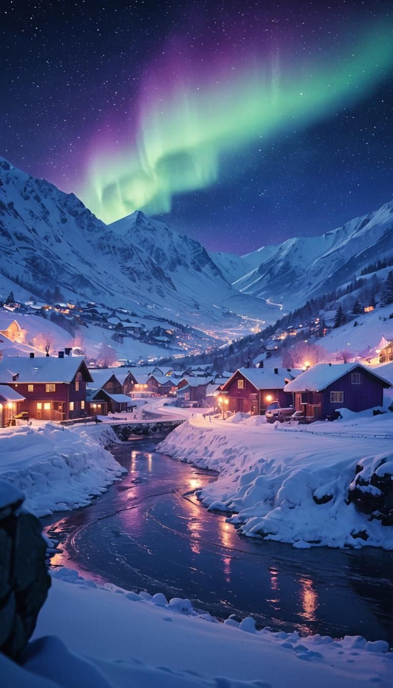 Cinematic Aurora Over Snowy Mountains in Digital Art
