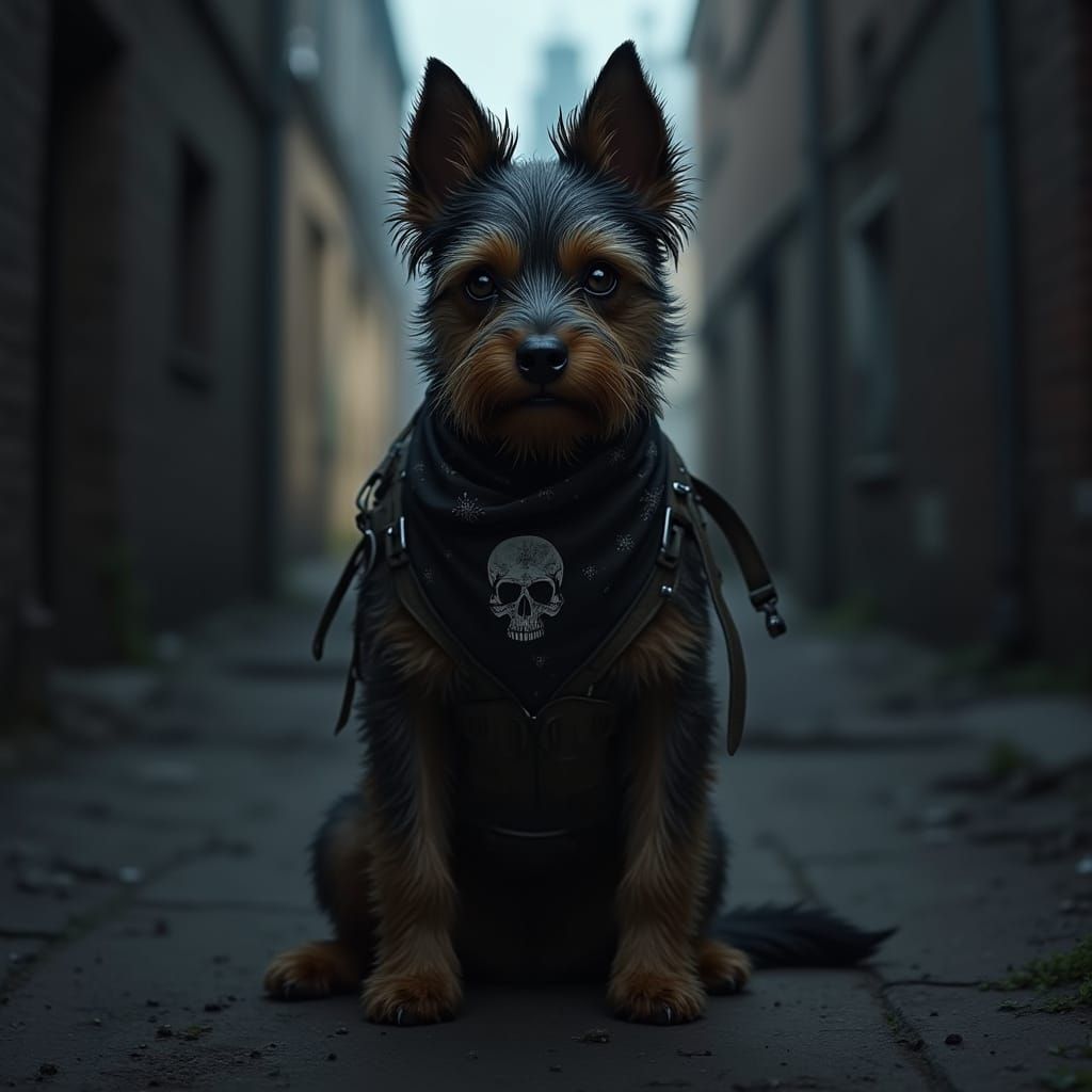 Terrier Vigilante in Dark Noir Cityscape