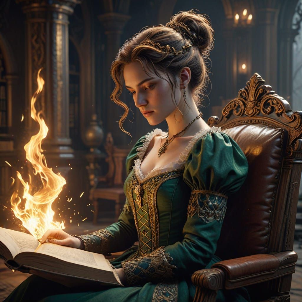 Determined Victorian Woman Lost in Flames of Ancient Tome