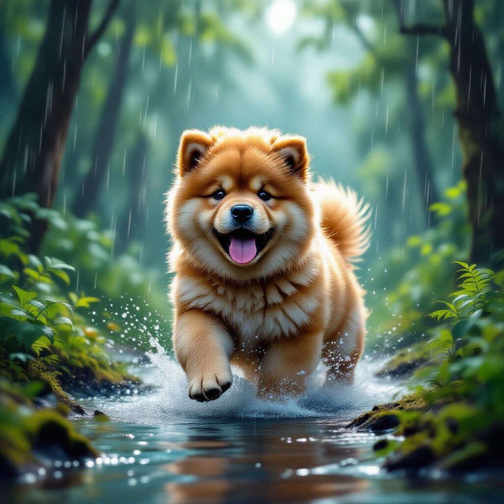 Fluffy Chow Chow Puppy in Surreal Rainy Forest