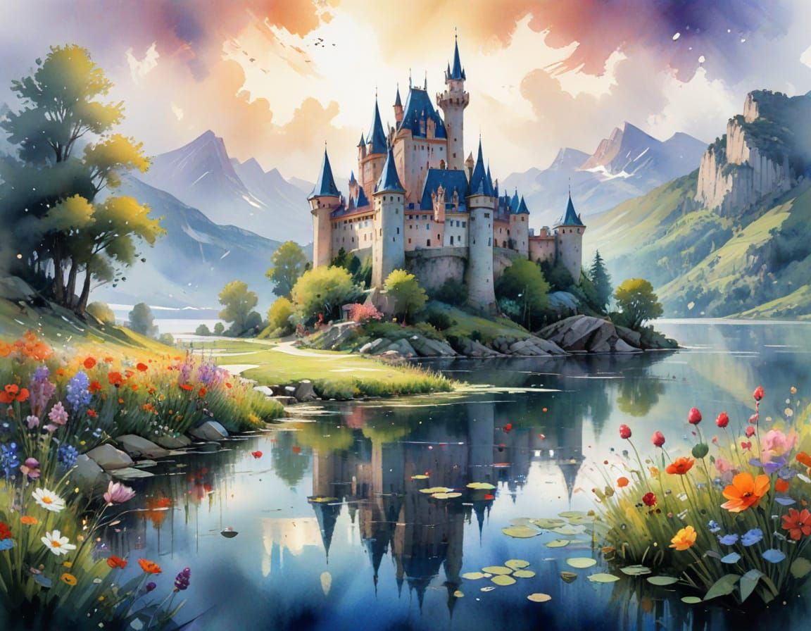 Fairytale Castle on Lake: Watercolour Art