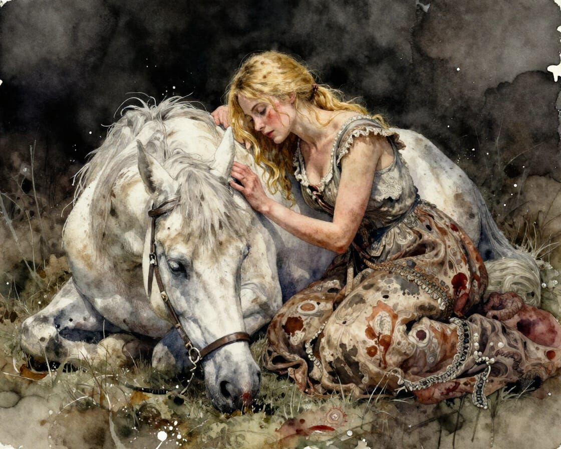 Woman Comforts Wounded Horse in Watercolor Style