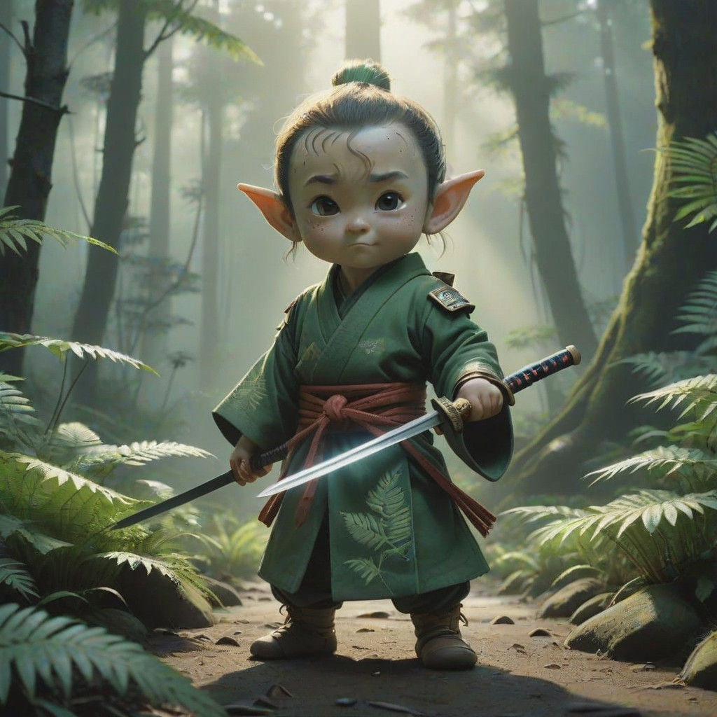 Cute Baby Elf Samurai in Elegant Mysterious Settings