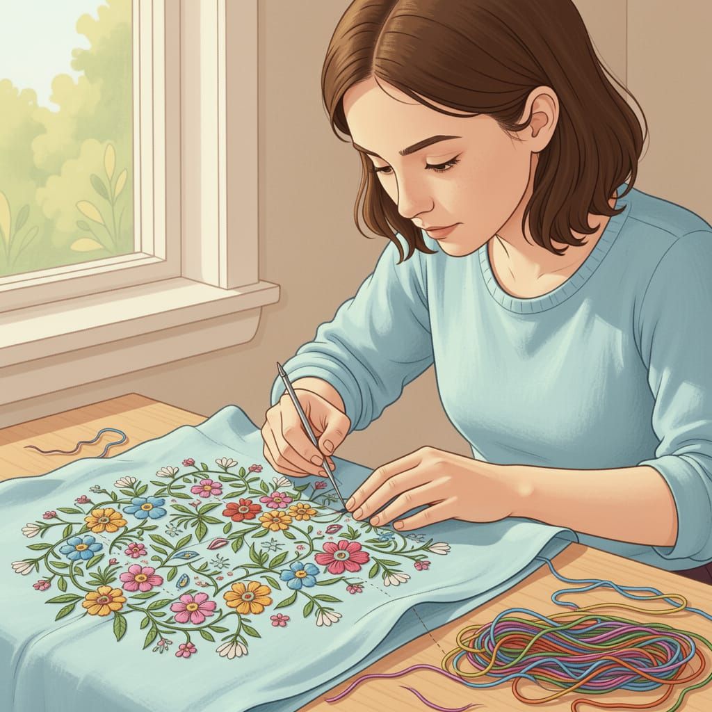 Woman Sewing Intricate Floral Embroidery on Fabric