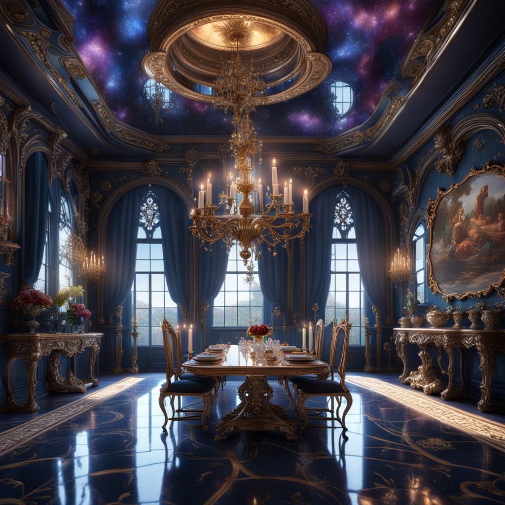 Galaxy Gothic Rococo Dining Room in Detailed Digital Art