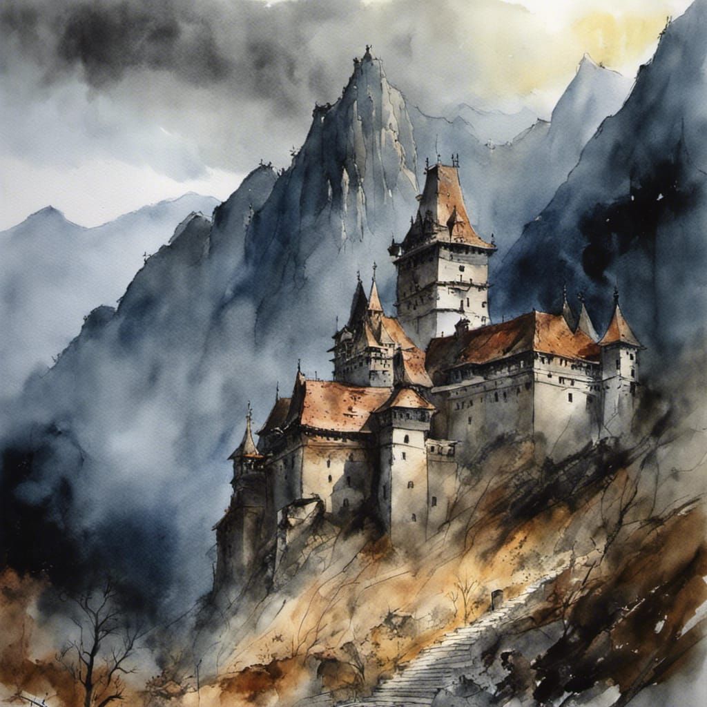 Transylvanian Castle at Night: Detailed Watercolor Art
