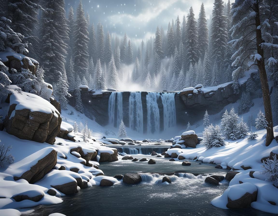 Snowy Waterfall in North American Winter Landscape
