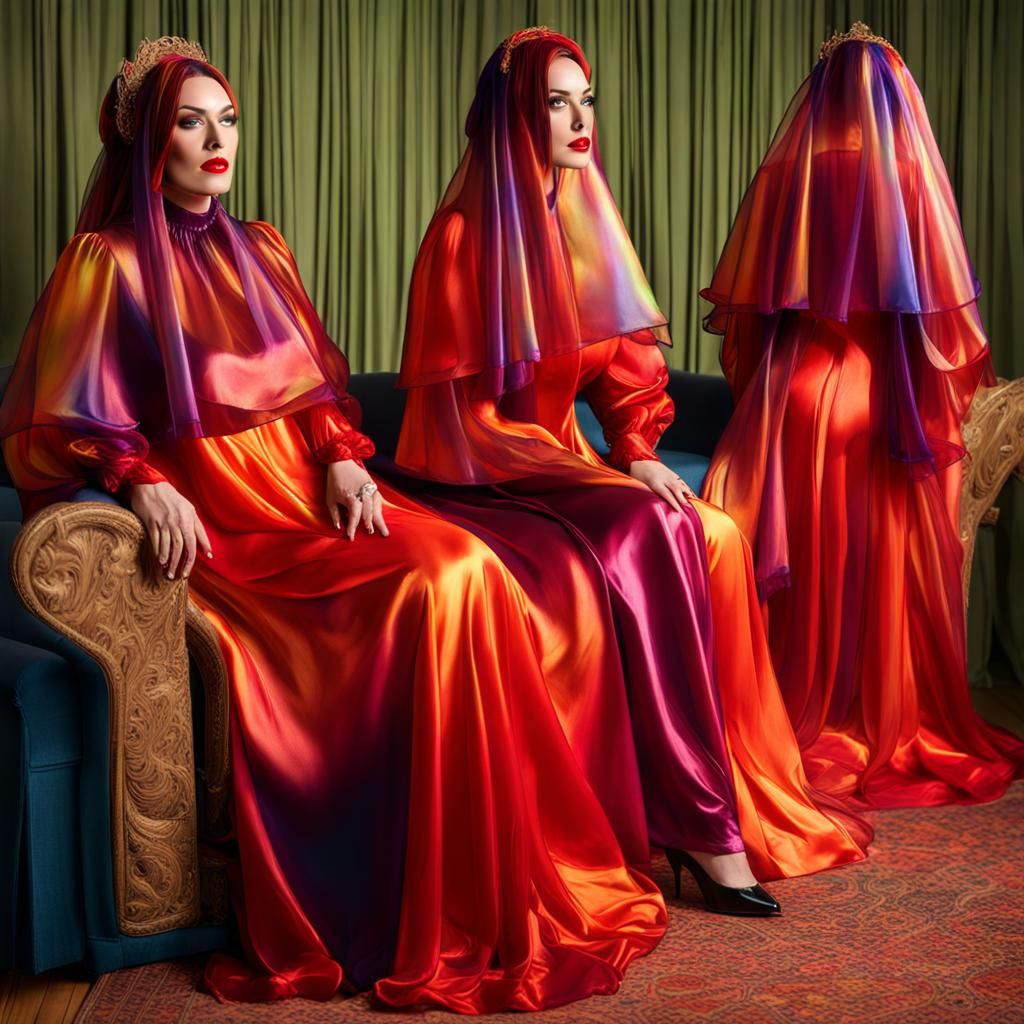 Rainbow Satin Gown: A Glamorous, Statuesque Portrait