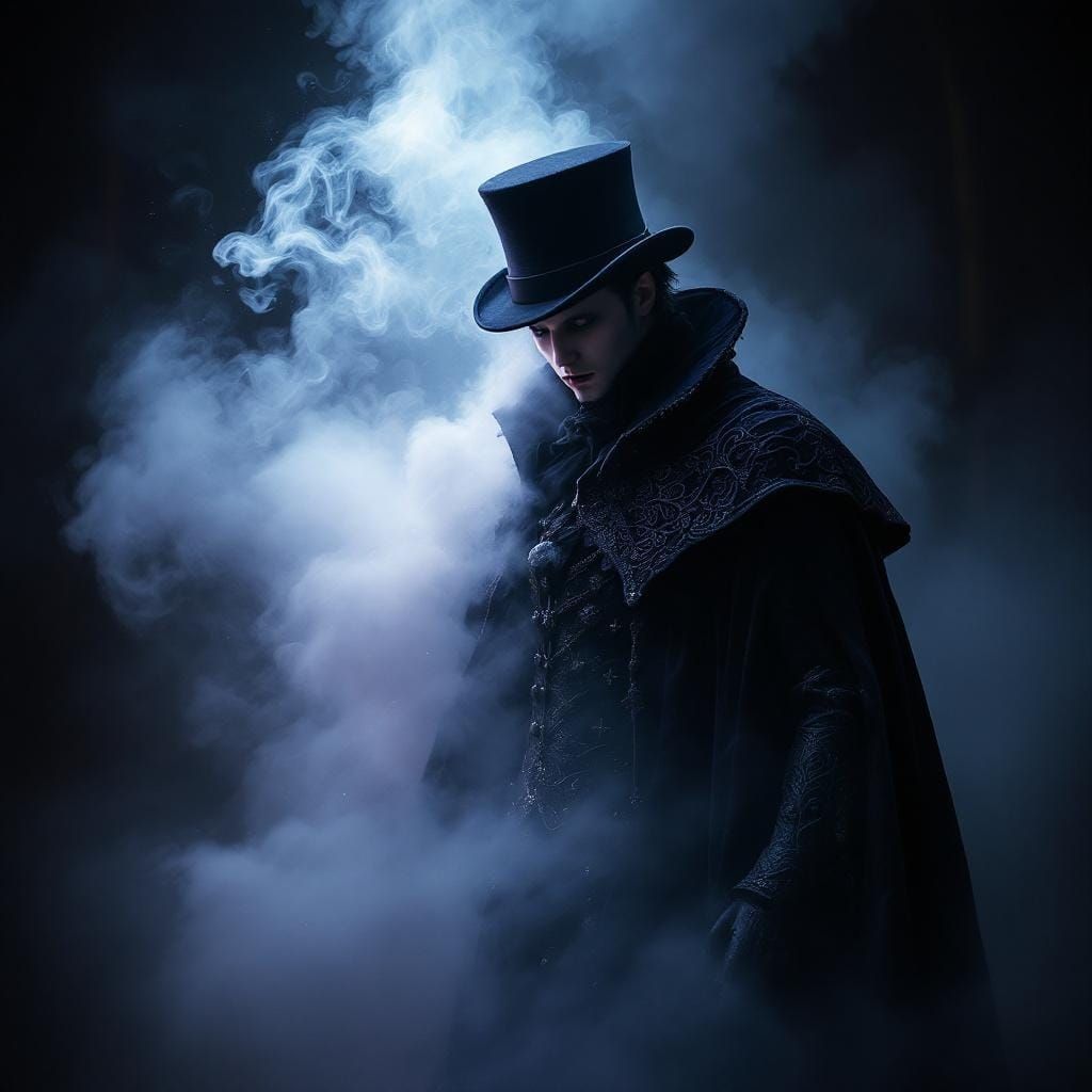 Mystical Victorian Figure in Dimly Lit Theater