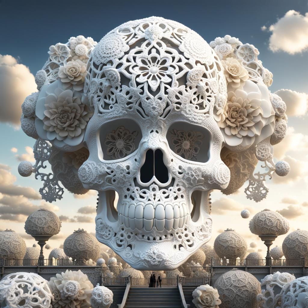 Rococo Sugar Skull Cloudscape in Baroque Style