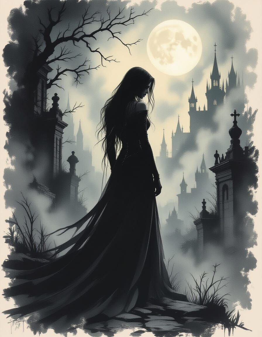 Dark Fantasy Concept Art of Tragic Love in Gothic Horror