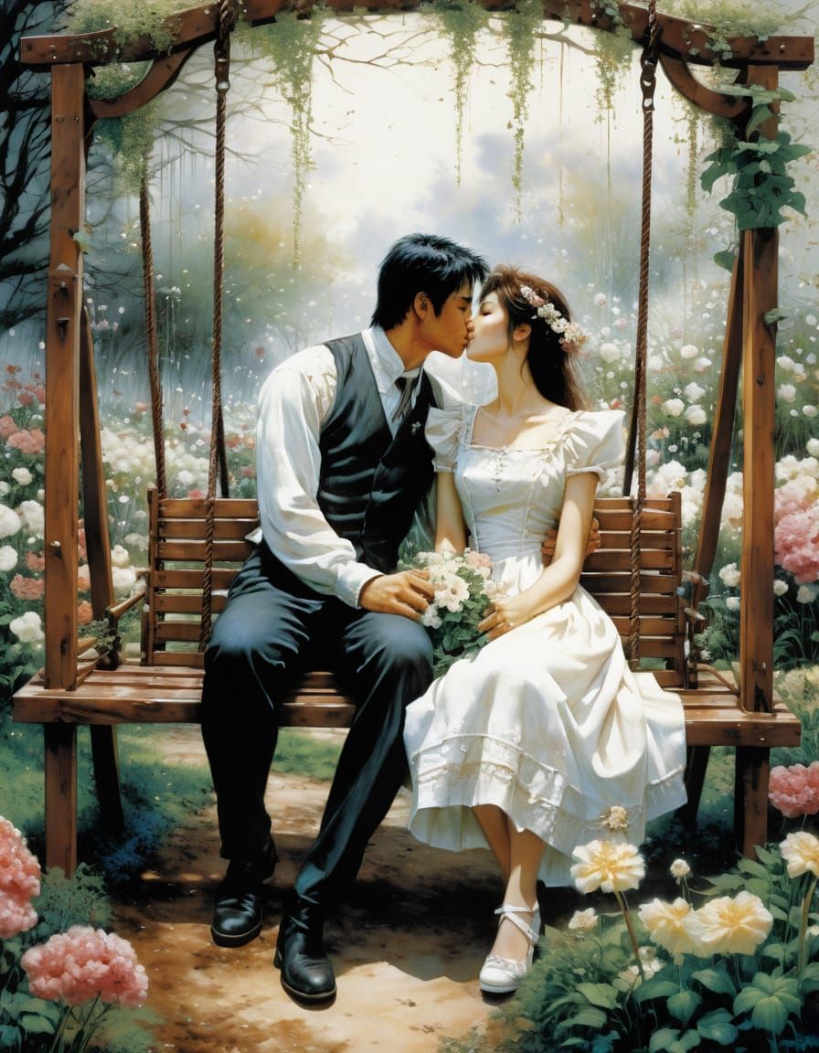 Romantic Couple in a Vibrant Floral Garden