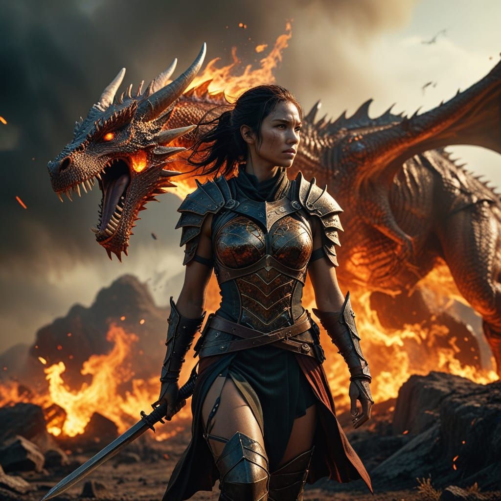 Epic Half-Dragon Warrior Walks Fiery Battlefield