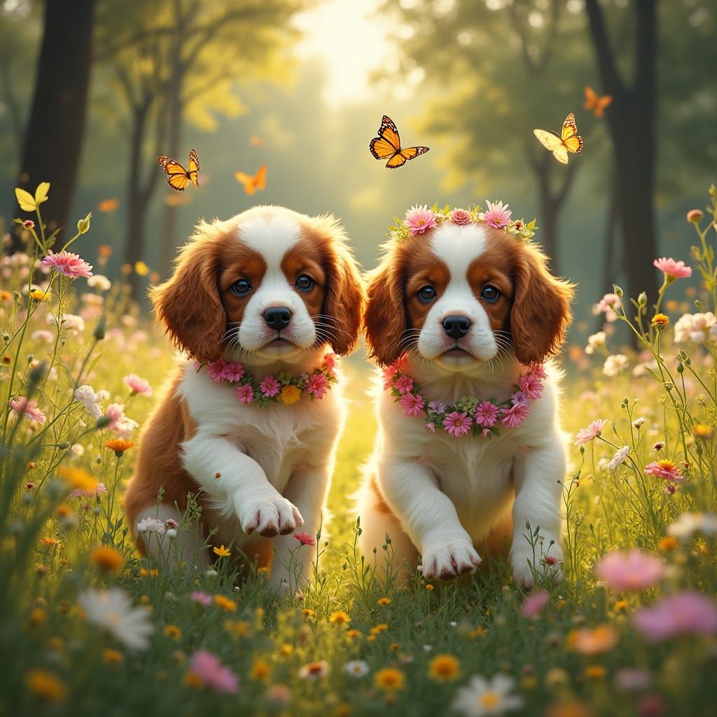 Puppies Play in Meadow: Classical Realism with Magical Touch...