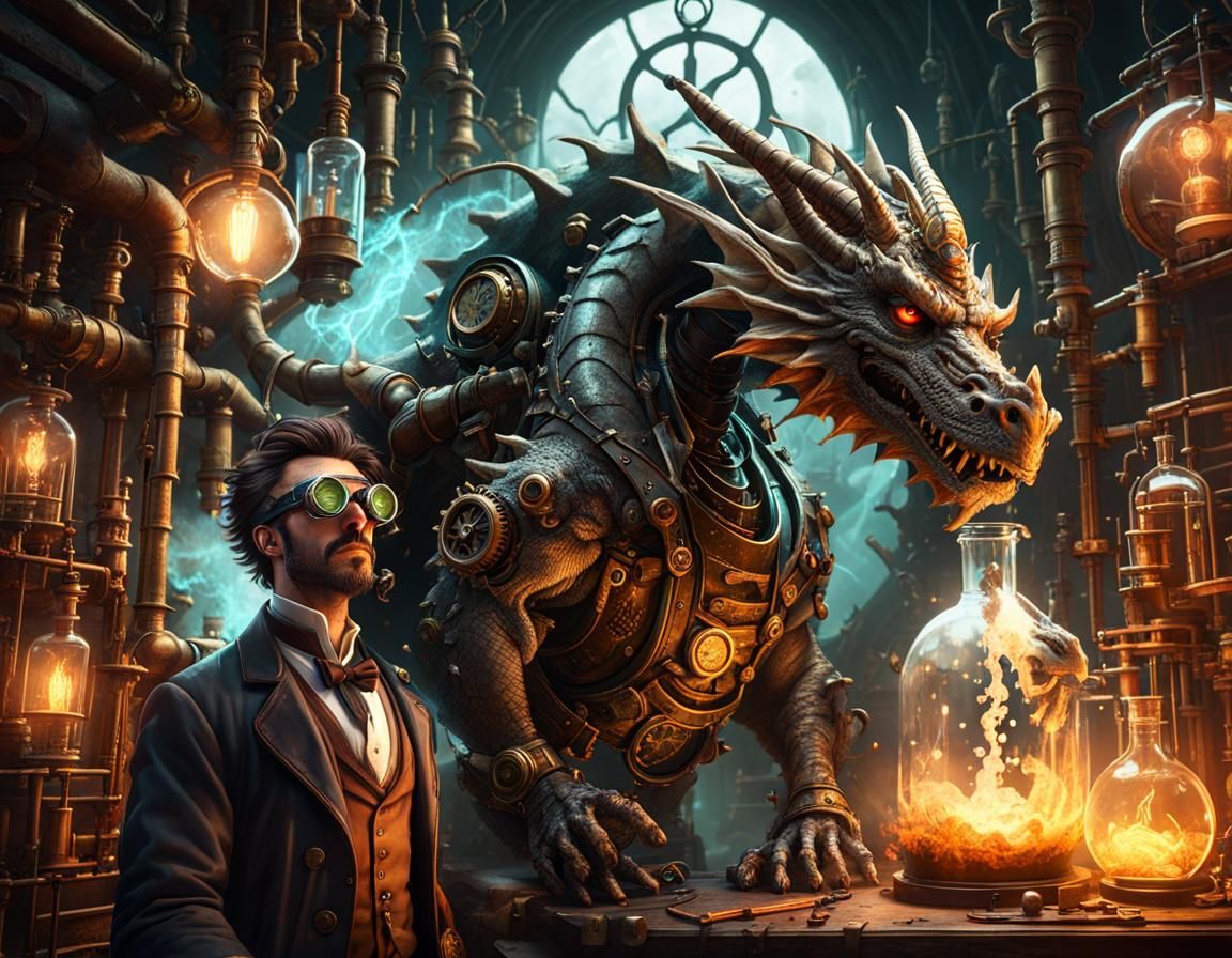 A steampunk scientist and his assistant