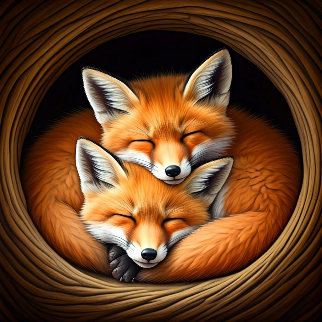 Sleeping Fox Kits in Cozy Den Illustration