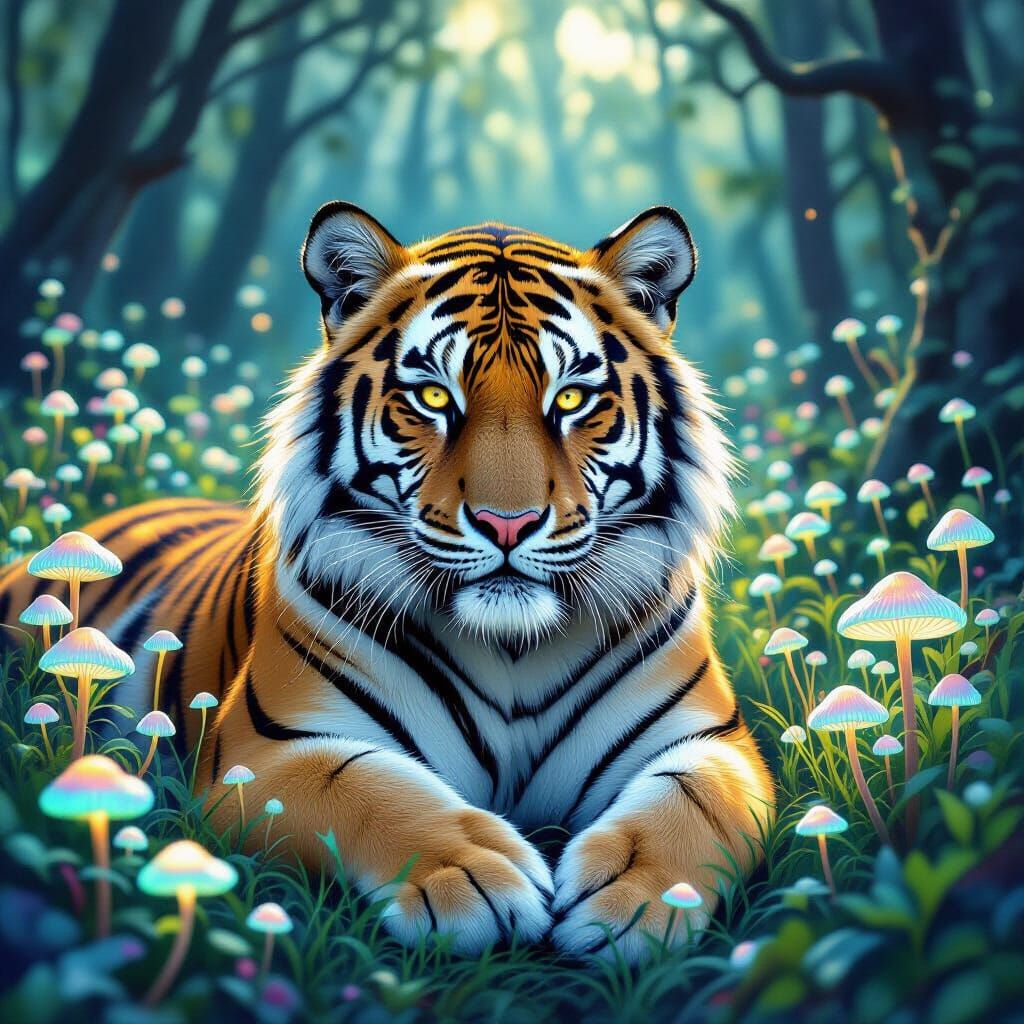 Majestic tiger in a field of bioluminescent mushrooms