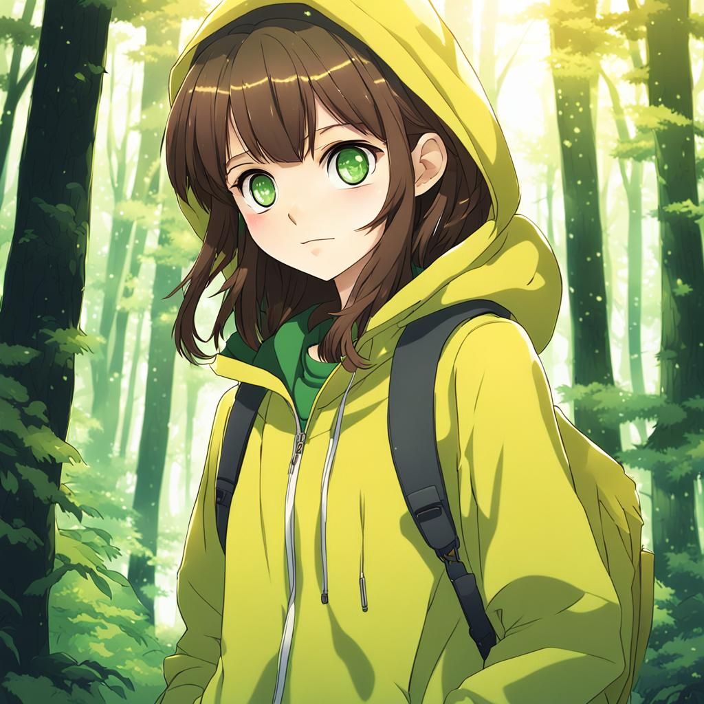 Girl in Yellow Hoodie, Anime Style Forest Scene