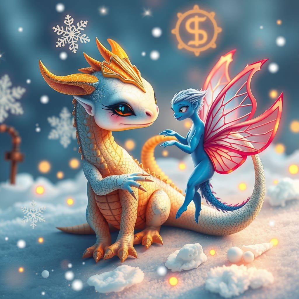 Dragon and Fairy in Winter Wonderland, Art Deco Style