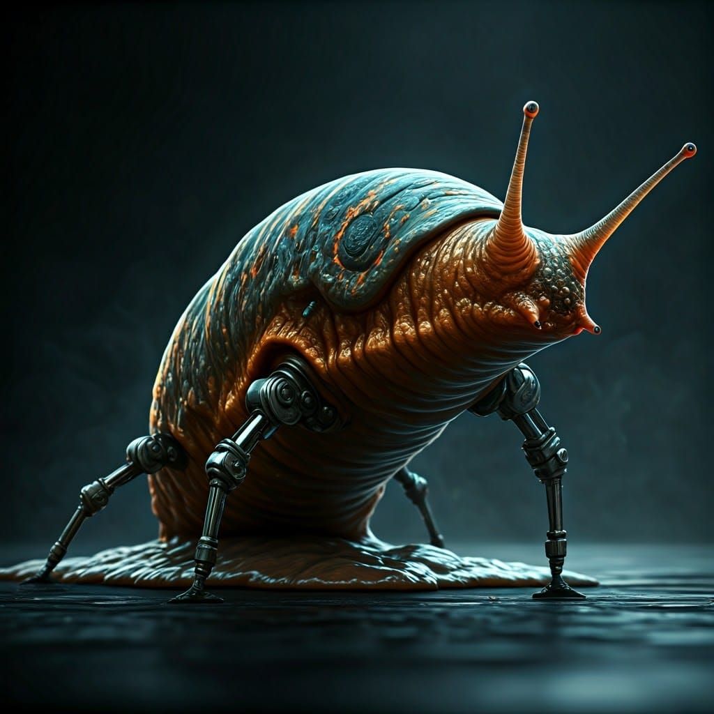 Hyperrealistic Slug with Mechanical Legs in Sci-Fi Scene