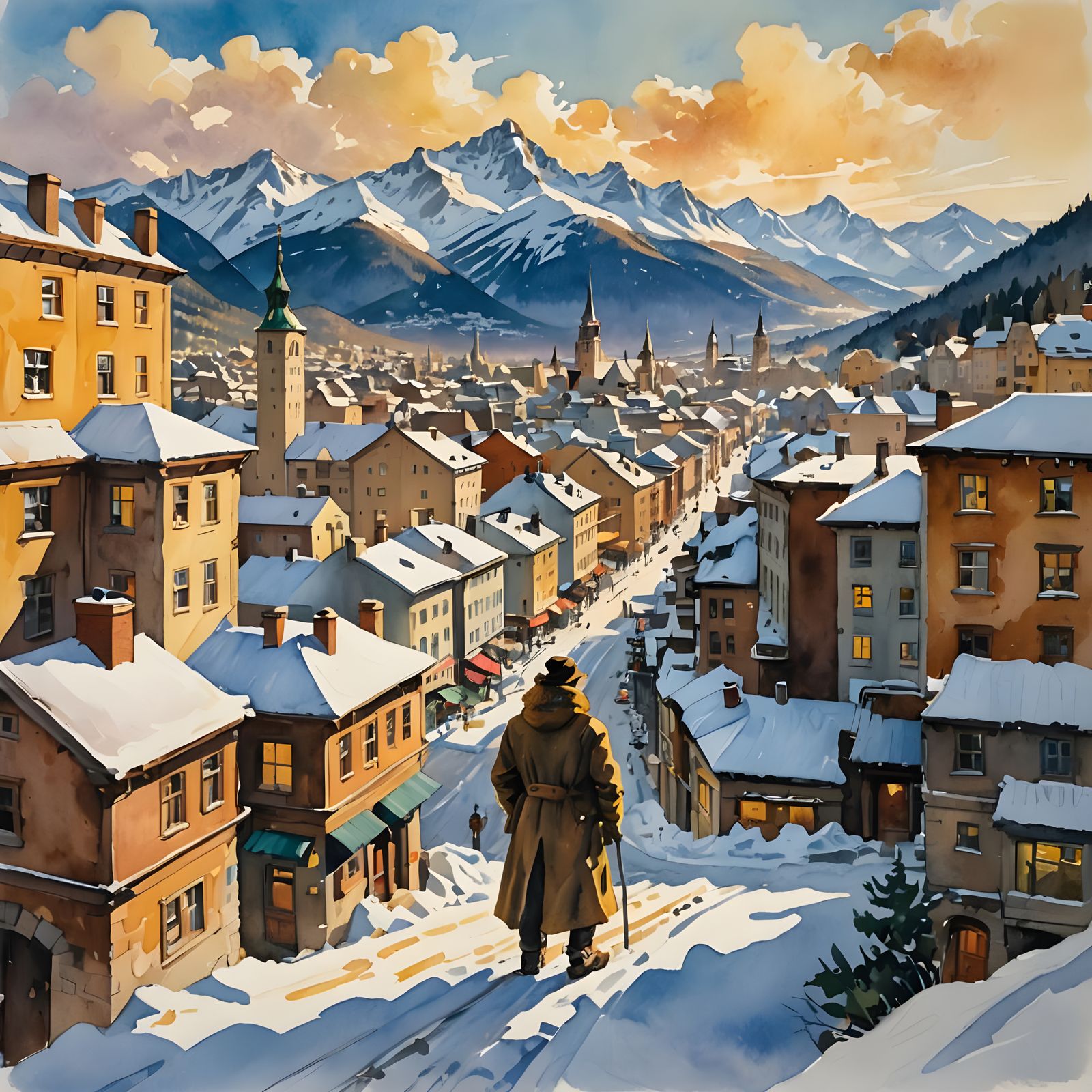 Snow Mountain City in Gouache Style