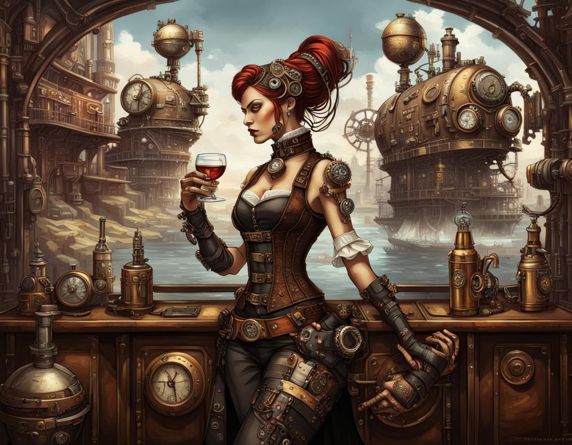 Steampunk Cityscape with Visionaries and Ornate Mechanisms