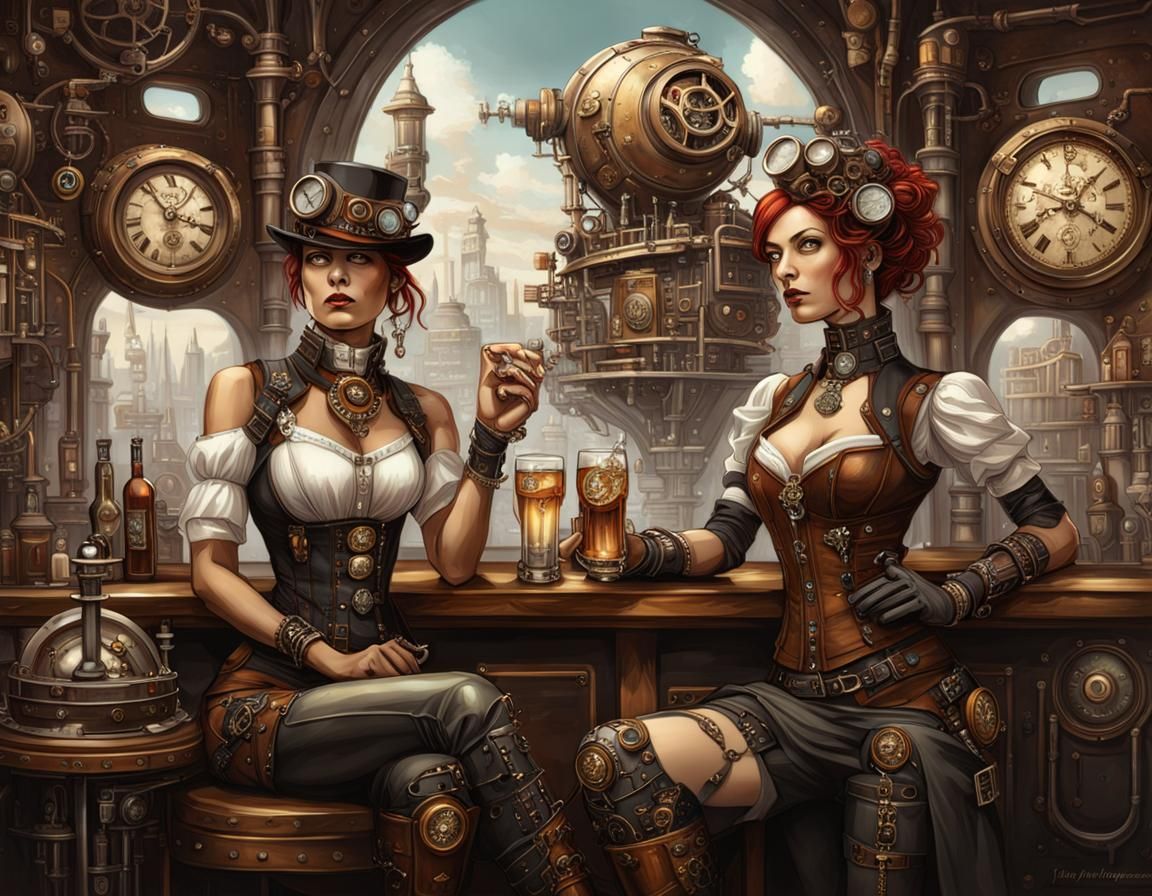 Steampunk Cityscape with Diverse Characters