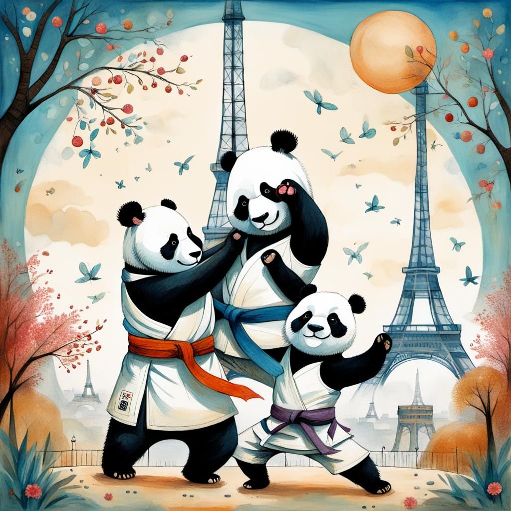 Whimsical Pandas Judo Fight Under Eiffel Tower