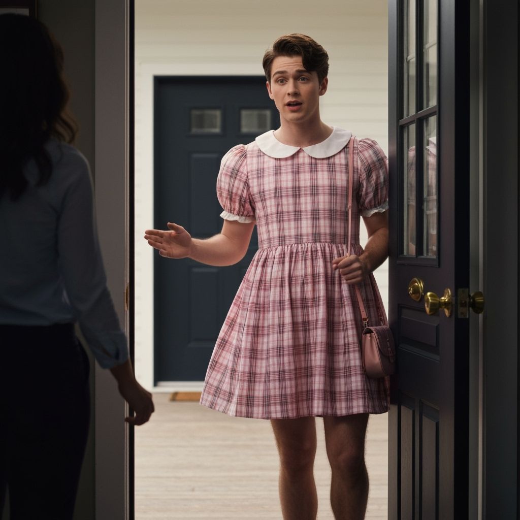 Muscular Man in Girly Babydoll Dress Behind Door