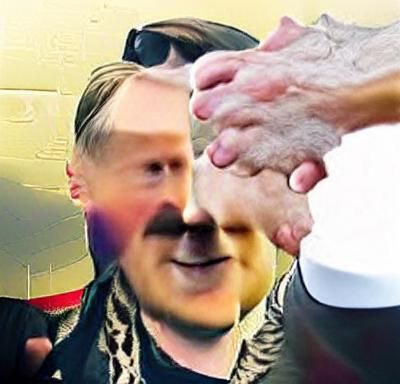 Surreal Handshake: Historical Figures in Maximalist Style