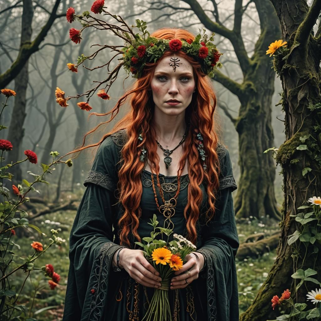 Celtic Witch at Beltane Offering Flowers to Nature