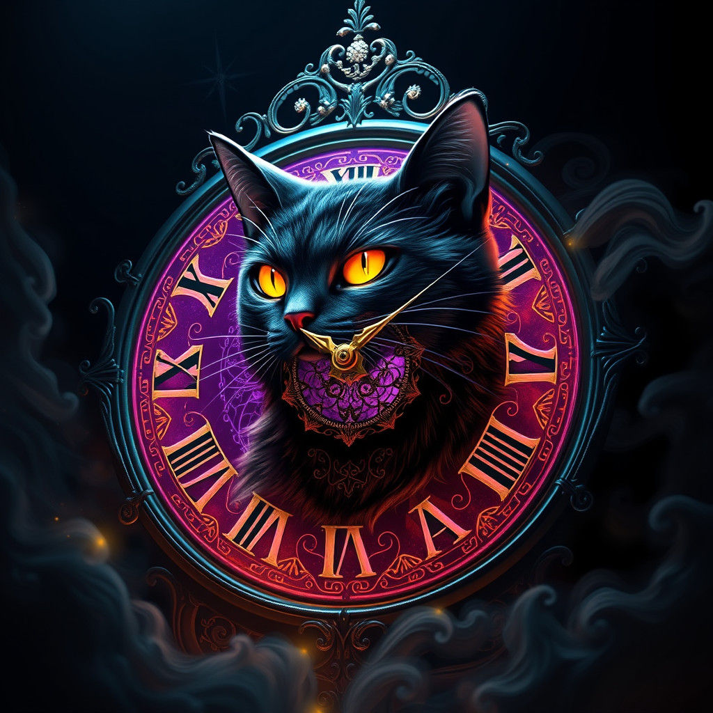 Mystical Cat Clock in Dark Fantasy Art Nouveau Style