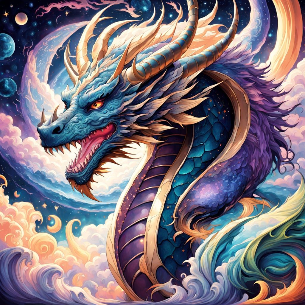 Celestial Dragon Spirals Through Nebula in Cel-Shaded Style