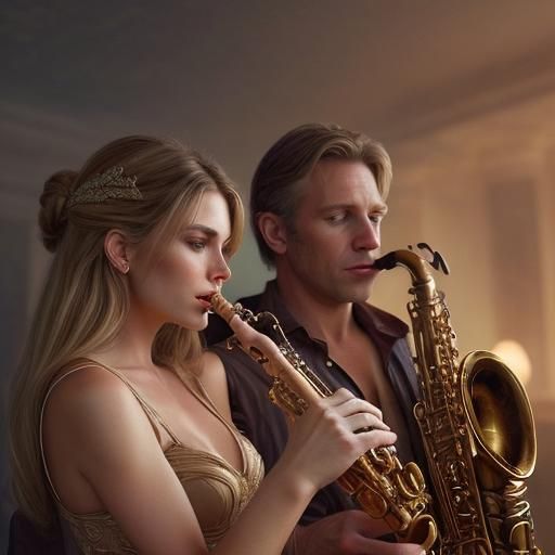 Woman Playing Saxophone With Husband: Digital Matte Painting