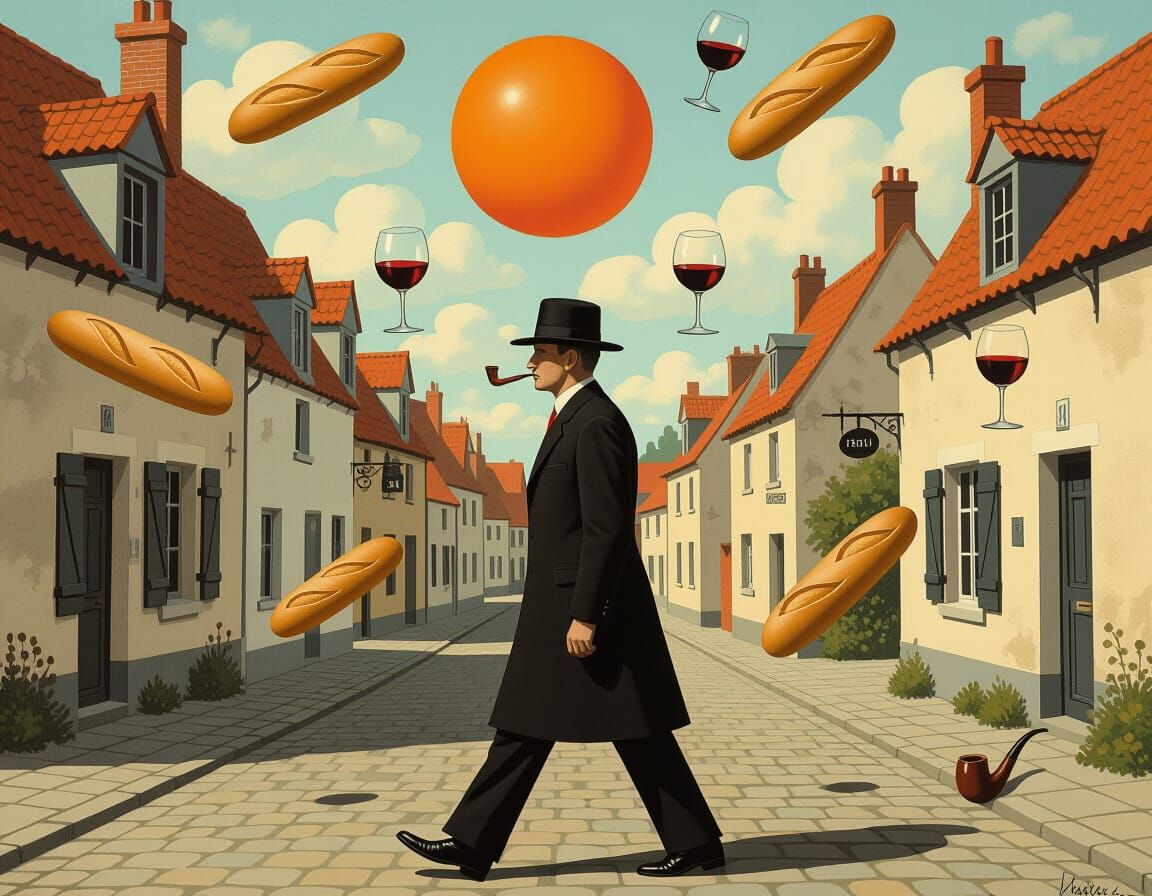 Margritte Walks Home Under Orange Sun