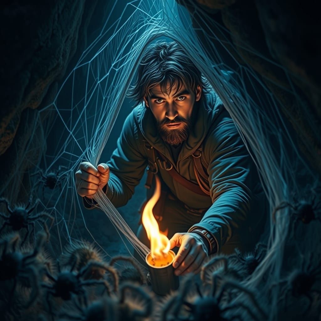 Adventurer in Dark Cave with Spiders: Hyperrealistic Art