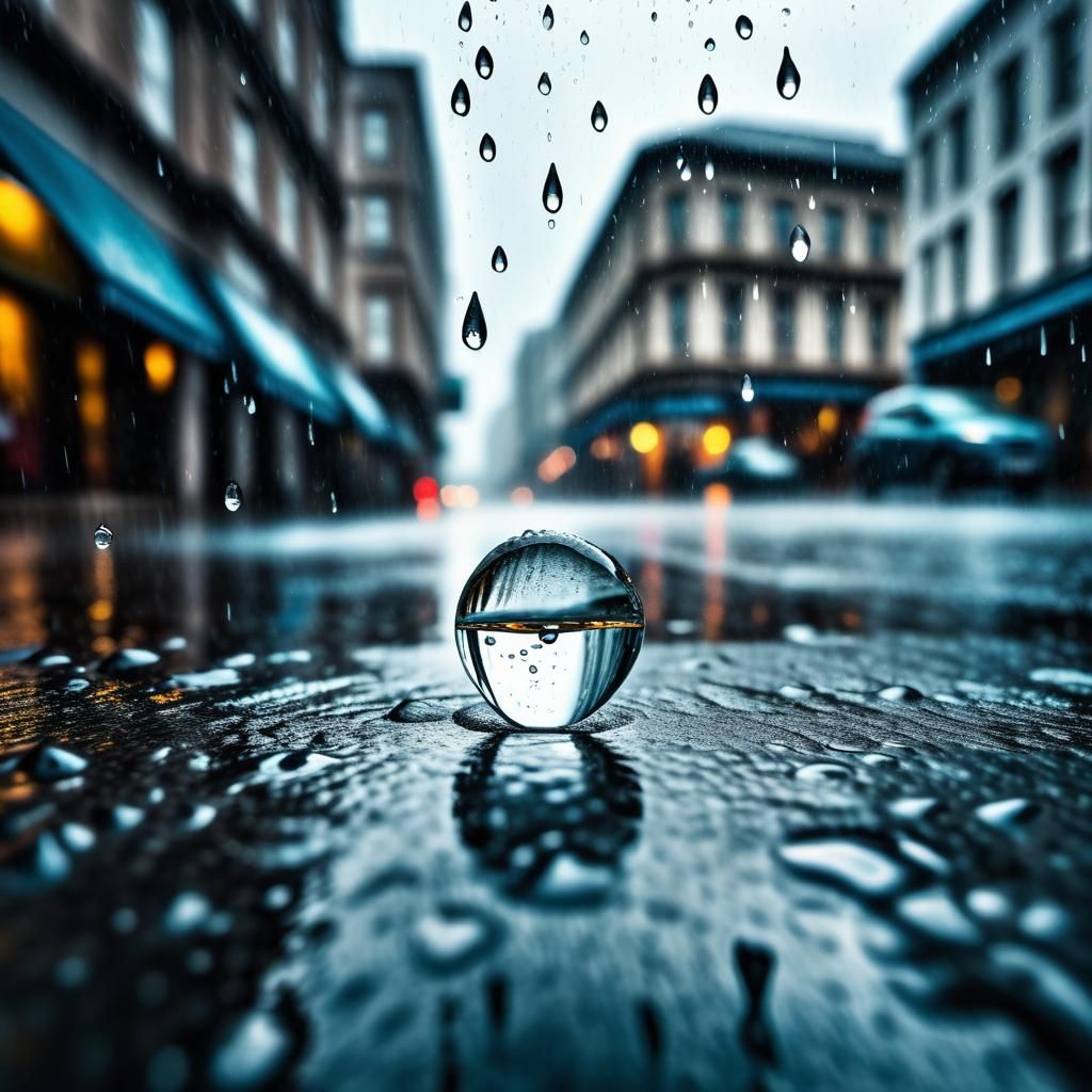 Hyperrealistic Water Drop Falling in Rain