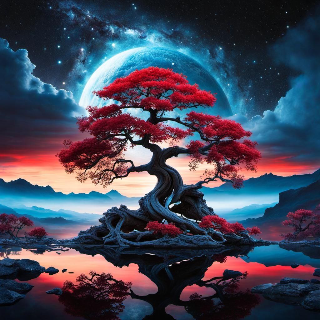 Yggdrasil Bonsai with Cumulonimbus Clouds at Sunrise