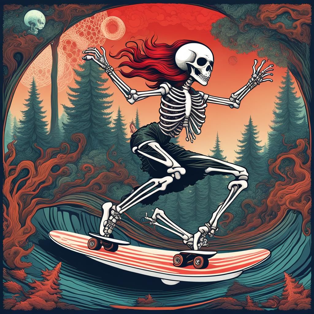 Punk Mermaid in Martini Glass with Skeleton Skateboarder