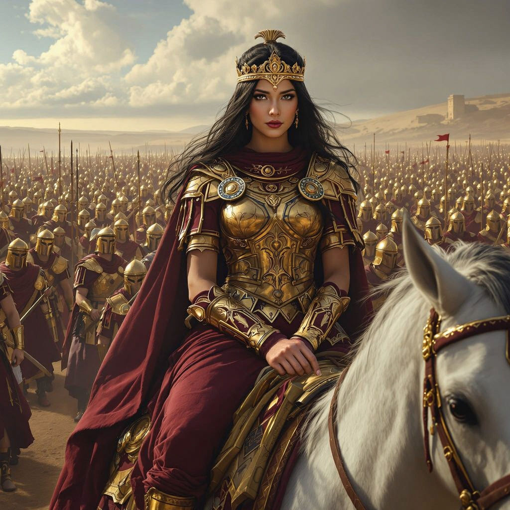 Roman Empress Leads Legion on White Steed