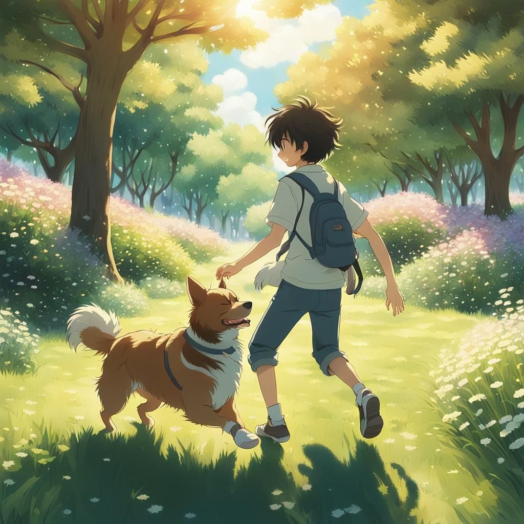 Boy and Dog Playing Happily in Anime Style