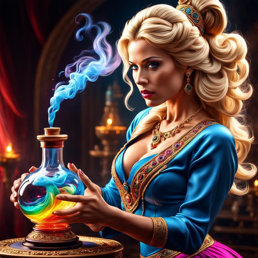 Enchanting Blonde Genie Emerges in a Swirl of Colors