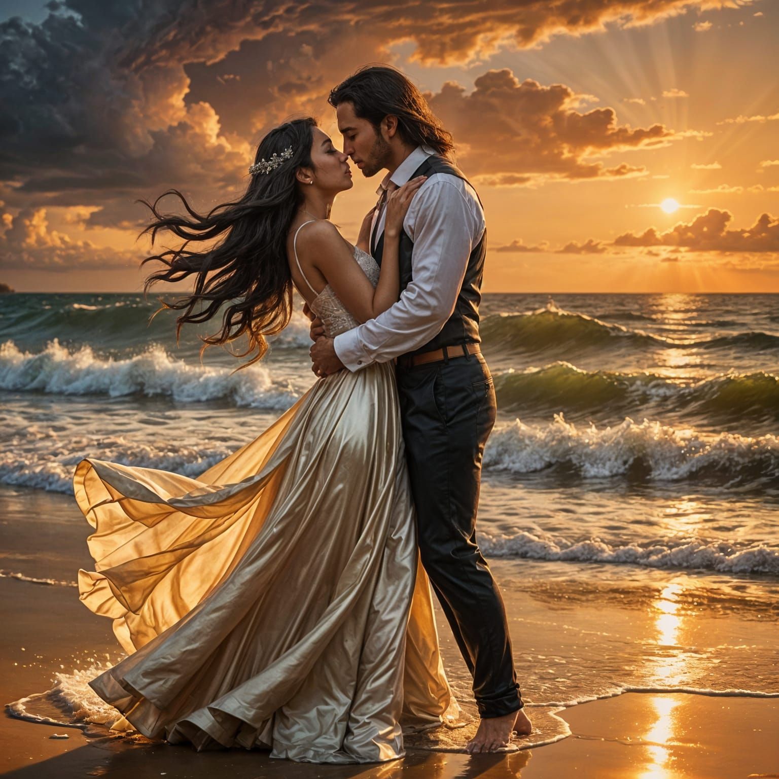 Sultry Beach Wedding Kiss in Soft Romantic Lighting