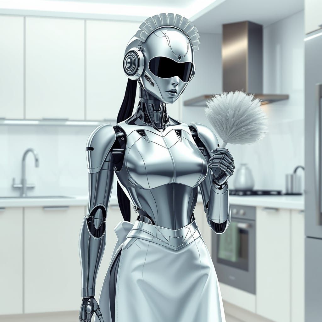 Sleek Chrome Robotic Maid in Modern Kitchen