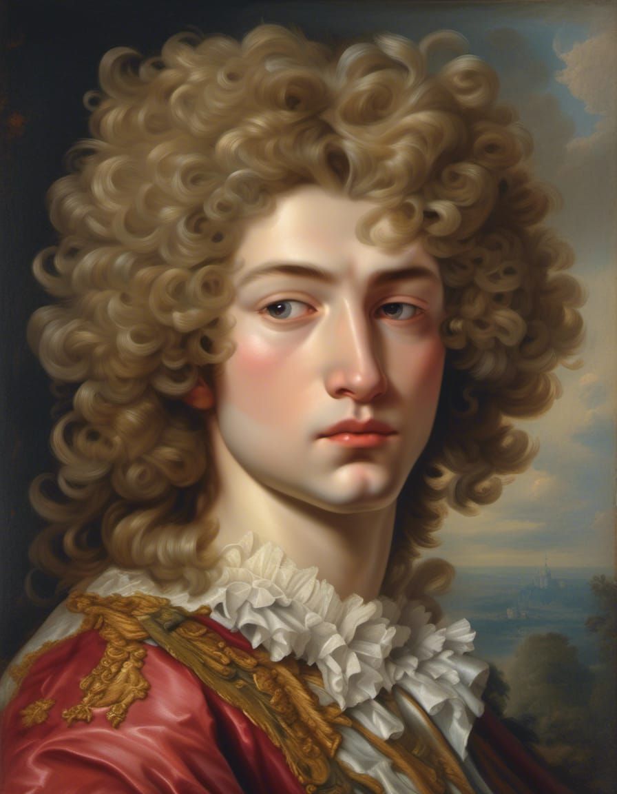 Young Louis XIV Portrait in Gouache Watercolor Style