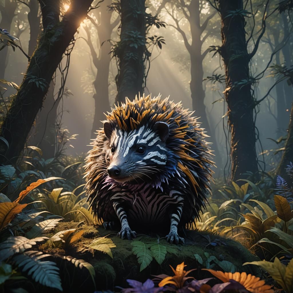 Zebra Hedgehog in Dreamlike Forest, Detailed Matte Painting