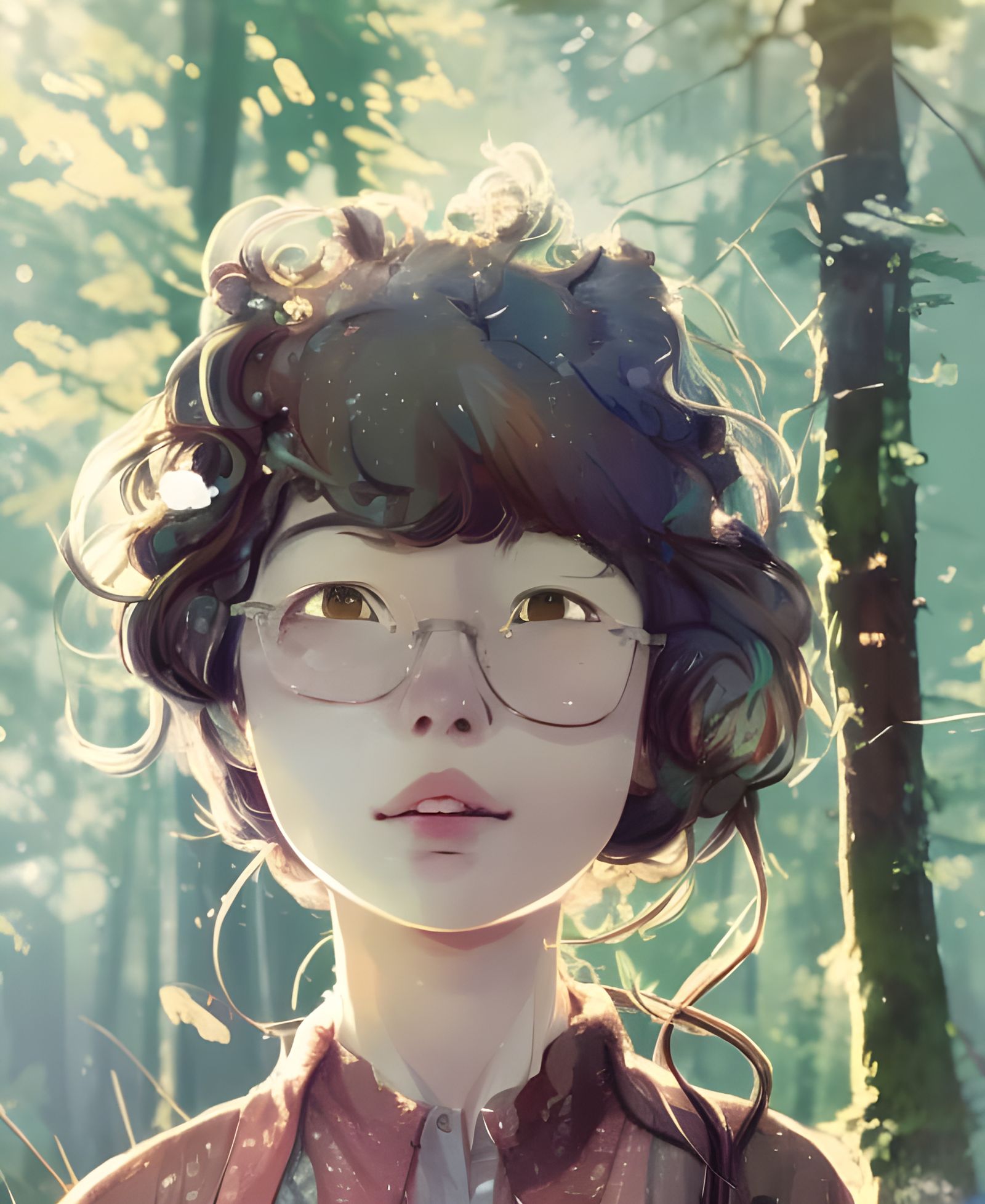 Cute Girl Portrait in Forest, Digital Illustration